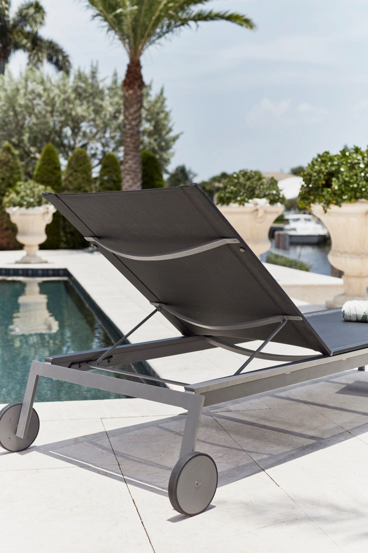Harmony Sling Chaise Lounge Gray Base with Black Sling Jensen Outdoor