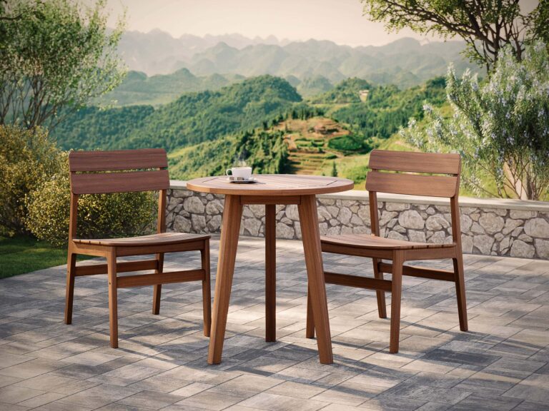 JensenOutdoor_FoundationsCollection_28InchRoundBistro_InnovaCollection_AurorarDiningSideChair_Lifestyle1