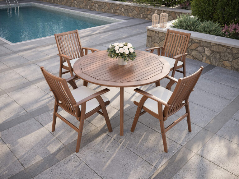JensenOutdoor_FoundationsCollection_52InchRoundIpeDiningTable_HeritageCollection_FranklinDiningArmChairs_Lifestyle2