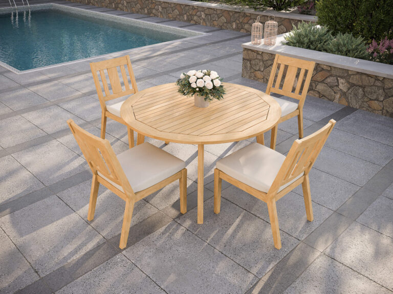 JensenOutdoor_FoundationsCollection_52InchRoundTeakDiningTable_SavannahCollection_DiningSideChairs_Lifestyle2