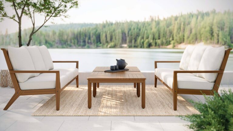 JensenOutdoor_FoundationsCollection_MosaicSquareCoffeeTable_SkyCollection_Loveseat_Lifestyle1