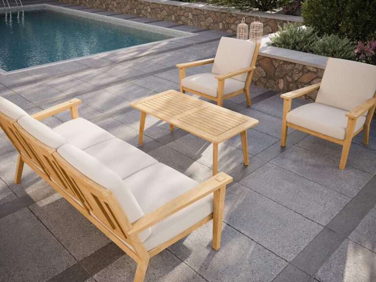 JensenOutdoor_FoundationsCollection_RectangularTeakCoffeeTable_SavannahCollection_Lifestyle1